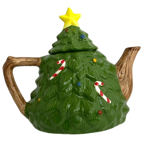 Holiday Teapot Christmas Tree Whimsical Vintage Glazed Ceramic Hand Painted - Picture 4 of 16